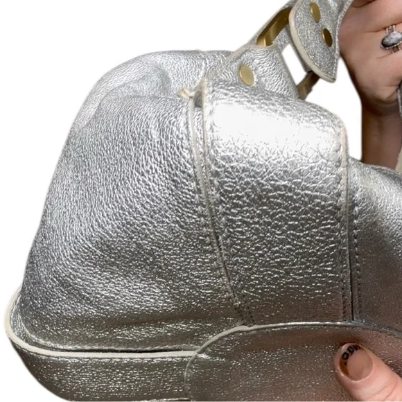 Jimmy Choo Mahala Tote Metallic Silver Leather Gold Hardware Shoulder Bags